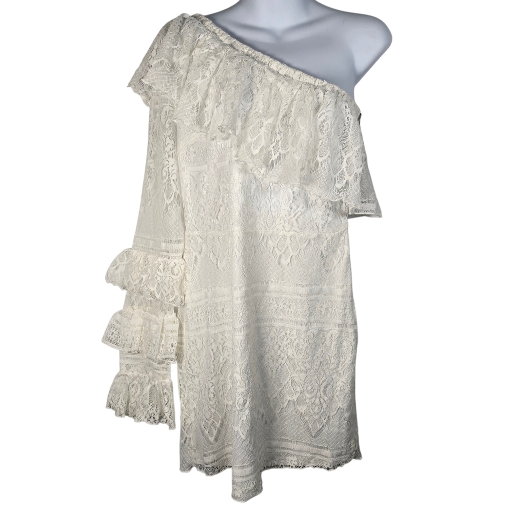 NWT Fanco White One Shoulder Long Tiered Sleeve Lace Mini Dress Size M